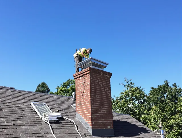 Suffield Chimney Sweep technician measuring a chimney cap in Suffield, CT